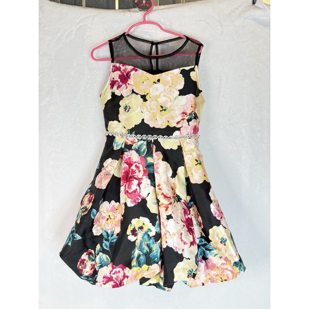 Speechless Kids‎ Floral Dress Size 7 Black Mesh Neck Fit Flare Party